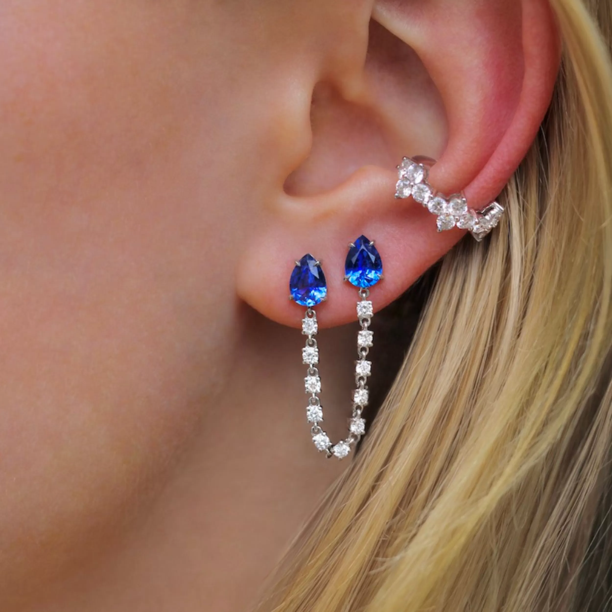 Anita Ko One Of A Kind^DOUBLE PIERCING EARRING WITH PEAR SHAPED BLUE SAPPHIRES