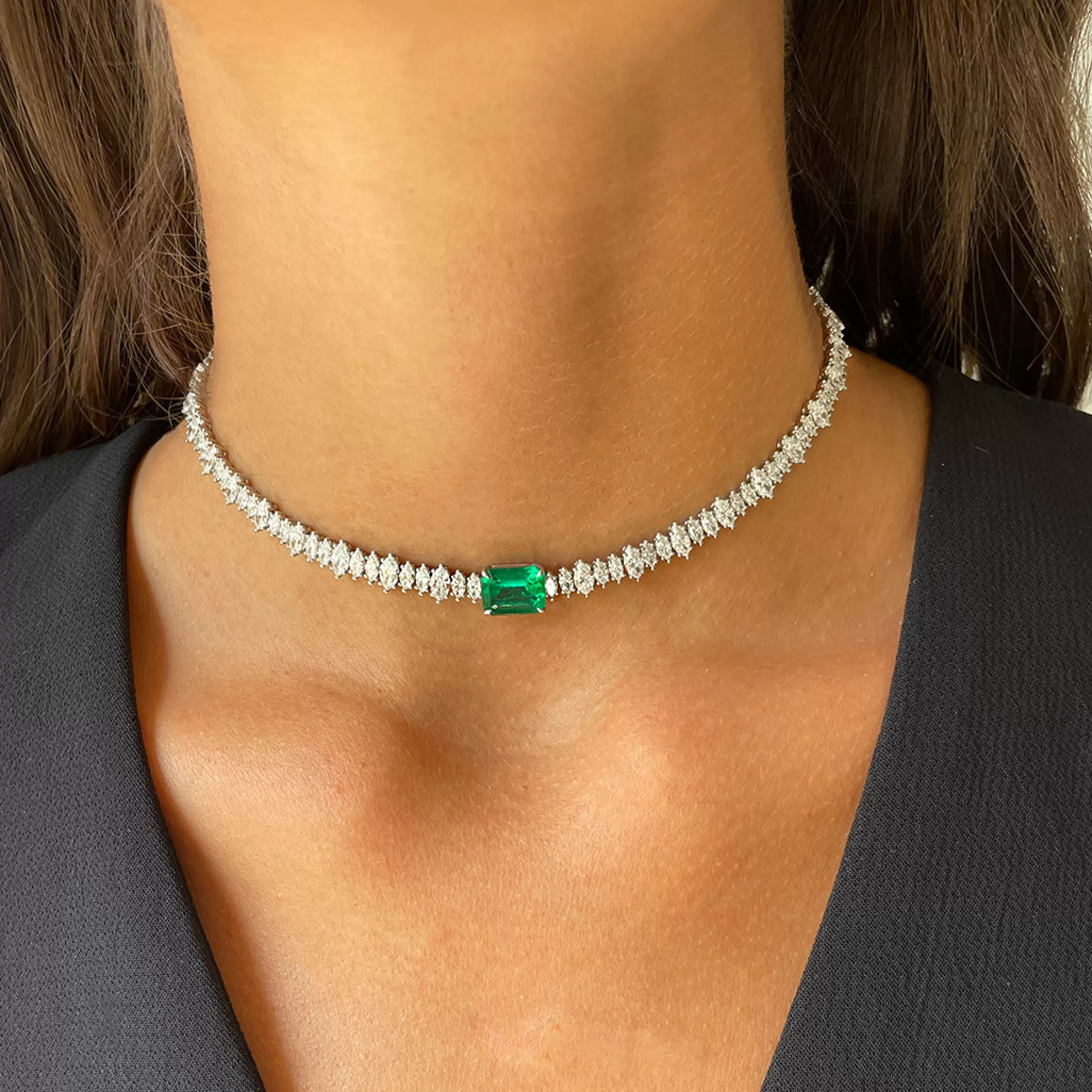 Anita Ko One Of A Kind^MARQUIS DIAMOND AND COLOMBIAN EMERALD CUT EMERALD CHOKER