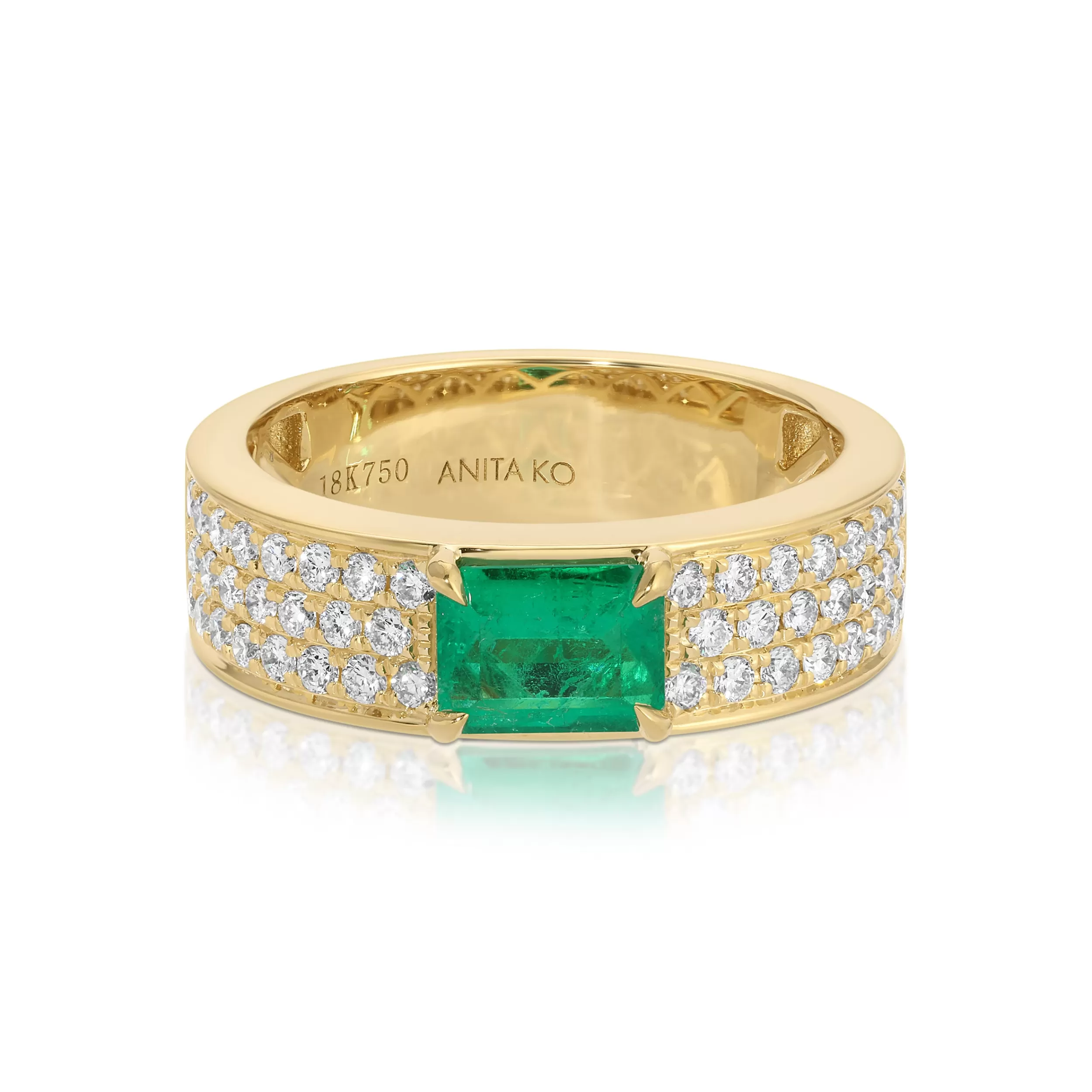 Anita Ko One Of A Kind^WIDE DIAMOND BAND WITH EMERALD CUT EMERALD CENTER